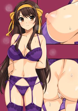 alternate_hairstyle angry_face anus bra breasts brown_eyes brown_hair erect_nipples female garter_belt garter_straps hand_on_back haruhisky headband large_breasts long_hair nipples panties panties_down purple_legwear purple_lingerie purple_panties pussy pussy_juice pussy_juice_drip stockings suzumiya_haruhi suzumiya_haruhi_no_yuuutsu sweat uncensored yellow_headband yellow_ribbon