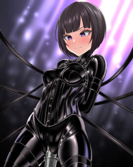 black_bodysuit black_hair blush bodysuit bondage bound bound_arms commentary_request commission corset crotch_zipper female gimp_suit idolmaster idolmaster_cinderella_girls latex latex_bodysuit neck_corset object_insertion purple_eyes pussy shiny_clothes shirayuki_chiyo short_hair skeb_commission solo vaginal_object_insertion vaginal_penetration yukimaru_(yukimaru_0721) zipper