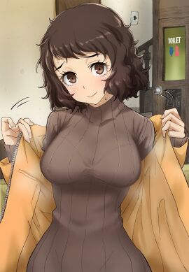1girls bangs black_hair blush blush_lines bob_cut bra_visible_through_clothes bralines breasts brown_eyes brown_sweater cafe embarrassed female fluffy_hair human jacket kurosususu light-skinned_female light_skin long_sleeves looking_at_viewer mature mature_female messy_hair nipples_visible_through_clothing persona persona_5 removing_clothing removing_jacket sadayo_kawakami short_hair slim slim_waist smile smiling solo steam steaming_body steamy sweat sweatdrop sweater sweater_dress yellow_jacket