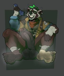 anthro balls bandage bandaged_leg big_balls big_penis bodily_fluids clothing cum cum_drip dirty dirty_socks dripping ear_piercing ear_ring facial_piercing feet foot_fetish foot_focus footwear foreskin genital_fluids genitals hi_res huge_balls huge_cock humanoid_genitalia humanoid_penis male mammal nose_piercing nose_ring penis piercing procyonid raccoon randy_d_raccoon ring_piercing rufus_(fortnite) smelling_shoe smelly smelly_feet sniffing socks solo uncircumcised