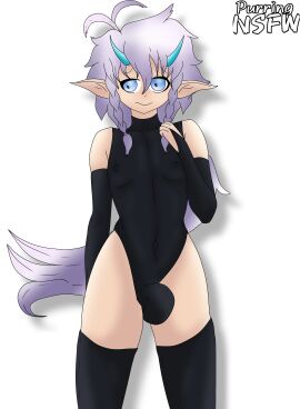 2d alternate_version_available armwear art_trade artist_name blue_eyes bulge clothed femboy horns long_hair male nervous oc original_character purringnsfw solo_male tagme thighhighs waffie_cow white_background