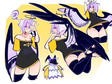 1boy 1girls adam_(hazbin_hotel) angel angel_humanoid bileshroom bottom_heavy breasts chibi child_bearing_hips clothed erect_penis erection erection_under_clothes erection_under_clothing fanart female grey_hair hazbin_hotel horns just_woke_up looking_at_viewer looking_back looking_back_at_viewer lute_(hazbin_hotel) male medium_breasts nsfwshroom panties pear-shaped_figure pear_shaped penis rubbing_eyes sleepwear sleepy squished_adam stretching thick_thighs thunder_thighs vivziepop wings yellow_eyes