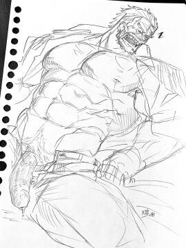 asleep balls bara beard facial_hair flaccid fumimimimidory grey_hair male male_only monkey_d_garp monochrome muscles muscular old_male one_piece penis penis_out sleeping solo solo_male yaoi
