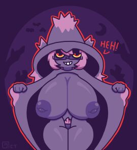 1girls anthro areola areolae breasts cloak exhibitionism female female_only flashing game_freak generation_4_pokemon glasses hanging_breasts huge_breasts inverted_nipples mismagius nintendo nipples octotron2000 pink_hair pokemon pubic_hair purple_body red_eyes shiny_skin smug solo solo_female square_glasses text thick_thighs thong topless wide_hips witch witch_hat