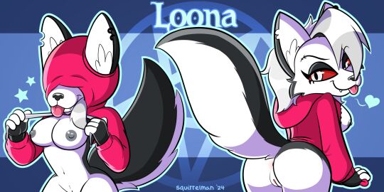 2024 4_fingers anthro anus areola ass black_body black_fur black_nose blep bottomless breasts canid canid_demon canine canis cheek_tuft clothed clothing clothing_pull covering covering_face covering_self demon digital_media_(artwork) ear_piercing ear_ring erect_nipples exposed_breasts eyebrow_through_hair eyebrows facial_tuft female fingerless_gloves fingers fluffy fluffy_tail fur genitals gloves grey_areola grey_body grey_fur grey_nipples hair handwear heart_symbol hellhound helluva_boss hi_res hoodie hoodie_lift hoodie_only hoodie_pull hot_pink inner_ear_fluff looking_at_viewer looking_back loona_(helluva_boss) mammal mostly_nude multicolored_body multicolored_fur mythological_canine mythological_creature mythology nipples nude occult_symbol pentagram piercing playful presenting presenting_anus presenting_hindquarters presenting_pussy pussy red_sclera ring_piercing sharp_teeth silly smile solo squirrelman star symbol tail teeth text tongue tongue_out topwear topwear_only topwear_pull torn_ear translucent translucent_hair tuft two-tone_body two-tone_fur white_body white_eyes white_fur white_hair