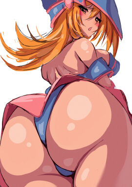 1girls ass blonde_hair blush dark_magician_girl duel_monster embarrassed fat_ass female green_eyes hi_res konami leotard looking_at_viewer looking_down low-angle_view magic magician_hat open_mouth sideboob skirt skirt_lift solo teenager teru_cats thick_ass white_background yu-gi-oh! yu-gi-oh!_duel_monsters