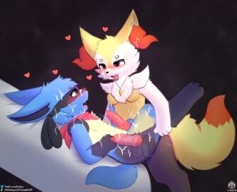 absurd_res anthro blush bodily_fluids braixen breasts cum cum_on_body cum_on_face duo gay generation_4_pokemon generation_6_pokemon genital_fluids genitals hi_res internal jewelry knot lucario male male/male male_only necklace nintendo penetration penis pokemon pokemon_(species) scarf senz tail thrusting tongue tongue_out