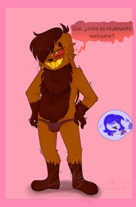 anthro blue_fur blush brown_fur bunny embarrassed female fur furry furry_male guonejo little_penis looking_away male panties penis pink_background red_eyes sharp_teeth sweatdrop tail