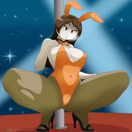 1girls 2d 2d_(artwork) alice_hamilton areola_slip brown_hair brunette bunny_ears bunny_girl bunnysuit cameltoe female henry_stickmin_(game) high_heels leotard long_hair mob_face nobytes_(artist) playboy_bunny pole_dancing pussy solo solo_female spread_legs squatting stickmans