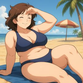 ai_generated beach bikini breasts brown_hair brunette_futa chubby chubby_female