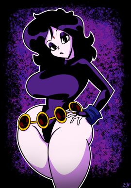 annoyed artist_signature belly_button belt belt_accessory big_breasts big_thighs black_eyes black_hair black_lips black_lipstick breasts child_bearing_hips cosplay costume crossover_cosplay dc dc_comics deadpan expressionless eyelashes eyeshadow female gold_belt gold_jewelry goth goth_girl gothic gothic_girl halloween halloween_2025 hand_on_hip hi_res highres hips jewel_on_forehead jeweled_belt jewelry large_breasts latex latex_clothing leotard light-skinned_female light_skin looking_at_viewer makeup one_piece_suit original original_character pale-skinned_female pale_skin purple_background pussy raven_(cosplay) raven_(dc) rustysh4ckl3ford shaded shiny_clothes shiny_eyes shiny_hair shiny_lips short_hair simple_background simple_shading superhero_costume superheroine teen_titans textless textless_version thick_thighs thunder_thighs tight_clothing vagina violetta_ravenwing voluptuous voluptuous_body voluptuous_female white_skin white_skinned_female wide_hips