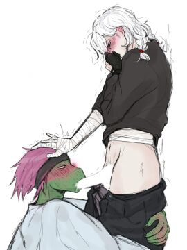 blowjob blushed_face kneeling lizzard male my_hero_academia oral reptile reptile_humanoid shigaraki_tomura shuichi_iguchi spinner_(my_hero_academia) tomura_shigaraki white_hair yaoi