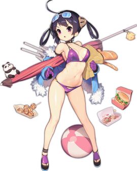 ahoge ass_visible_through_thighs azur_lane baguette ball_(object) beach_umbrella beachball bikini black_hair bread breasts burger dragon_empery_(azur_lane) eyewear_on_head female food full_body fur-trimmed_jacket fur_trim game_cg gloves hair_rings jacket medium_breasts navel ning_hai_(azur_lane) ning_hai_(summer_hunger)_(azur_lane) off_shoulder official_alternate_costume official_art open_clothes panda purple_bikini purple_eyes purple_gloves sandals simple_background solo standing sunglasses swimsuit twintails umbrella white_background