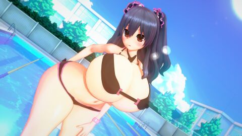 3d alternate_breast_size black_hair blush breasts cleavage female hair_ribbon hand_on_thigh huge_breasts jared_(pixiv60547267) light-skinned_female light_skin neptunia_(series) outdoors pool red_eyes solo swimsuit thick_thighs uni_(neptunia)