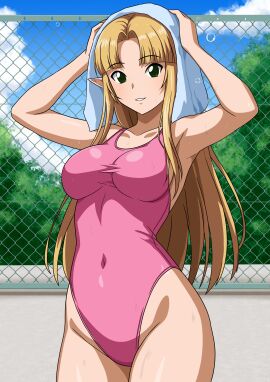 1girls absurd_res accurate_art_style alluring bikini blonde_hair blue_sky breasts chain-link_fence cloud collarbone commission competition_swimsuit cowboy_shot day female fence green_eyes high_res highleg looking_at_viewer medium_breasts nintendo one-piece_bikini outside parted_lips pixiv_commission pointy_ears princess_zelda sky smile swimsuit the_legend_of_zelda the_legend_of_zelda:_a_link_between_worlds tree wet yuuyuu_(3jjbn) zelda_(a_link_between_worlds)
