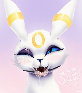 anthro blue_eyes blush bodily_fluids cum cum_in_mouth cum_inside cum_on_eye cum_on_face eeveelution english_text feral fur gag gagged generation_2_pokemon genital_fluids hi_res looking_at_viewer male markings naircat nintendo pokemon pokemon_(species) portrait solo text trig umbreon white_body white_fur