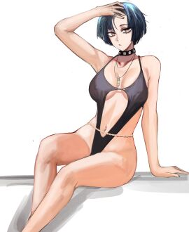 belt big_breasts blue_hair brown_eyes chain_belt choker huge_breasts navel necklace nero_watch nipple_bulge persona_5 sitting swimsuit tae_takemi thick thick_thighs thighs