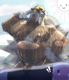 absurd_res accident accidental_exposure ambiguous_gender anthro bad_bovine bodily_fluids brown_body brown_fur caught_off_guard duo entei exclamation_point eyewear eyewear_only flaccid foreskin fur generation_2_pokemon generation_3_pokemon genitals hair hi_res legendary_pokemon light long_hair looking_at_viewer luvdisc male musclegut muscular nintendo nude partially_submerged penis pokemon pokemon_(species) sea shiny_pokemon sunglasses sunglasses_only sunlight surprised underwater_view water wet wet_body wet_fur wet_penis