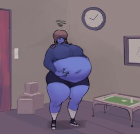 1girls after_squeeze amane_suzuha asian asian_female ass ass_expansion belly_expansion big_ass big_belly big_breasts big_thighs black_shorts blue_skin blueberry_inflation breast_expansion breast_growth breast_growth_(enlargement) breasts brown_hair expansion female ferrousingot grabbing_belly grabbing_own_belly grey_jacket hand_on_belly inflation jacket navel spandex_shorts steins;gate twintails