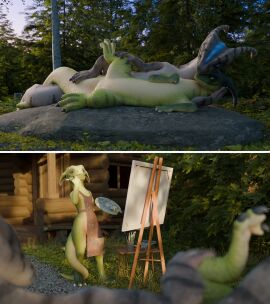 16:9 2024 3d absurd_res animal_genitalia anthro apron assisted_exposure blender_(artwork) brown_body claws cloaca clothing detailed_background digital_media_(artwork) duo dzat female feral finger_claws genitals green_body hi_res keie kobold lizard male male/female outdoor_nudity outside painting plant reptile scales scalie seire size_difference smaller_female smile tail toe_claws viuru widescreen