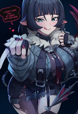 :q animal_ears black_hair black_shorts breasts female fingerless_gloves gloves green_eyes green_jacket highres jacket jane_doe_(zenless_zone_zero) leaning_forward long_hair mouse_ears mouse_girl multicolored_hair pietheunusual red_hair red_nails shorts simple_background solo tail tongue tongue_out torn_clothes unusualpie zenless_zone_zero