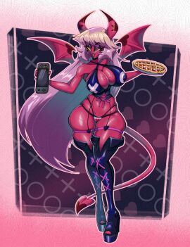 1girls alternate_version_available big_breasts bimbo breasts corset demon demon_girl demon_horns demon_tail demon_wings eyeshadow female female_only food footwear full_body game_console garter_straps hair heels helluva_boss high_heels hips holding_food holding_object horns huge_breasts legwear lips lipstick long_hair nintendo_switch_2 pie pink_body pink_eyes pink_skin platform_heels purple_eyeshadow purple_lips purple_lipstick reverse_cowgirl_position skimpy skimpy_clothes solo solo_female stormrayneart textless thigh_strap thighs thong verosika_mayday_(helluva_boss) very_long_hair white_hair wide_hips wings yellow_sclera