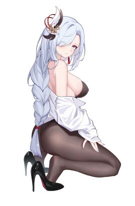 1girls absurd_res absurdres adult adult_female ankles ass ass_cleavage ass_crack back bare_shoulders black_footwear black_high_heels black_legwear black_pantyhose black_shoes blue-eyed_female blue_eyes blue_fingernails blue_nail blue_nail_polish braid braided_hair braided_ponytail breasts butt_crack calves covered_nipples dot_nose eyebrows_visible_through_hair feet female female_focus female_only fingernails fingers footwear full_body genshin_impact groin hair_ornament hair_ornaments hair_over_one_eye hand_on_leg hand_on_own_leg hand_on_own_thigh hand_on_thigh heels high_heels high_resolution highres hourglass_figure knees legs legwear light-skinned_female light_skin lips long_hair looking_at_viewer mature_female medium_breasts nail nail_polish naked naked_female nipples nude nude_female open_clothes open_clothing open_shirt pantyhose parted_bangs shenhe_(genshin_impact) shirt shixuexiao shoes shoulders sideboob simple_background sitting slender_body slender_waist slim_female slim_waist soles solo squatting thick_ass thick_thighs thighs thin_waist unbuttoned unbuttoned_shirt v-line white-haired_female white_background white_eyebrows white_hair white_shirt wide_hips