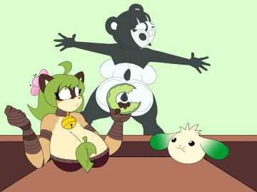 against_surface anthro anus ass ass_on_glass bear breasts cleavage clothed clothing dessert doughnut embarrassed female food giant_panda glass group hi_res mammal nude on_glass pastry references shocked side_boob the_simpsons trio yonaturkey_mcgobblin