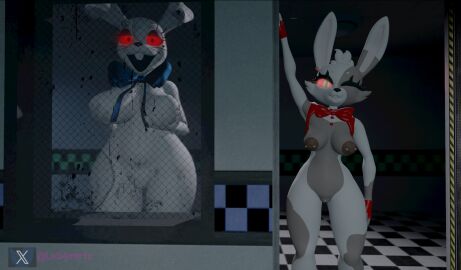 2girls 3d 3d_(artwork) anthro big_breasts big_thighs breasts bunny_costume bunny_girl female female_only five_nights_at_freddy's five_nights_at_freddy's:_security_breach furry furry_only glowing_eyes grabbing_own_breast looking_at_viewer nude nude_female pierced_nipples piercing samtrix seductive tagme vanny_(fnaf) white_fur