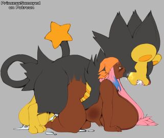 1boy 1girls all_fours areola balls big_balls big_breasts bodily_fluids breasts breasts_on_ground brown-skinned_female brown_areola clenched_teeth closed_eyes cum cum_inside dark_body dark_skin female female_on_feral female_penetrated feral feral_on_human feral_penetrating feral_penetrating_human from_behind_position generation_4_pokemon genital_fluids genitals grey_background hair hi_res huge_balls huge_breasts human human_penetrated interspecies kerchief larger_male luxray male male/female male_penetrating male_penetrating_female male_pokemon/female_human mammal ming-ming_yúan motion_blur multicolored_hair nintendo open_mouth oral penetration pink_hair pokemon pokemon_(species) pokephilia princess_samoyed sex shiny_pokemon simple_background size_difference smaller_female stomach_bulge teeth zoophilia