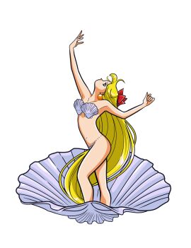 1girls alluring bare_legs bishoujo_senshi_sailor_moon blonde_hair blue_eyes clam_shell female jackowcastillo minako_aino seashell_bra simple_background the_birth_of_venus venus
