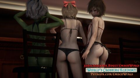 3d ai_shoujo asian_female ass ass_focus bikini brown_eyes brown_hair caucasian_female cecilia_(wca) female female_only goblin_female green_skin hair_ribbon hairbow jade_(wca) nook_(wca) pale_skin promotional_art tanned_skin team_emberwings thong_bikini wca white_hair worlds_crossing_academy