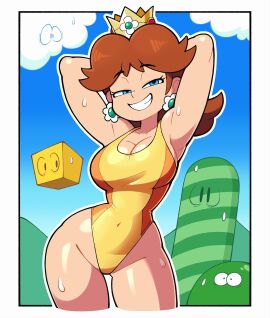 arms_behind_head big_breasts blue_eyes breasts brown_hair crown earrings female female_focus female_only mario_(series) nintendo one-piece_swimsuit princess_daisy smile stealth_brock sweat sweatdrop swimsuit