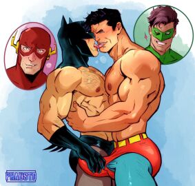 4boys abs bara barry_allen batman batman_(bruce_wayne) batman_(series) being_watched big_muscles black_briefs black_gloves black_hair black_underwear blue_background blue_eyes blush blushing brown_hair bruce_wayne caught chest_hair clark_kent dc dc_comics erection erection_pushing_briefs erection_pushing_underwear erection_under_clothes french_kiss gay gloves grabbing_erection grabbing_penis green_eyes green_lantern green_lantern_(series) hairy hairy_chest hairy_male hal_jordan hand_on_another's_penis hand_on_penis hugging human kal-el kissing male male_only mask masked masked_male muscles muscular muscular_male pecs pecs_against_each_other pecs_touching pectorals penis phausto red_briefs red_underwear smile smiling superman superman_(clark_kent) superman_(series) teeth teeth_showing the_flash tongue tongue_kiss topless underwear yaoi