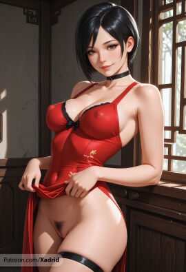 ada_wong ai_generated artist_name bare_shoulders black_choker black_hair breasts brown_eyes china_dress chinese_clothes choker cleavage clothes_lift collarbone covered_navel covered_nipples dress dress_lift female female_pubic_hair indoors lifted_by_self looking_at_viewer medium_breasts no_panties patreon_username pubic_hair pussy red_dress resident_evil resident_evil_4 short_hair sleeveless_dress smile solo thigh_strap window xadrid