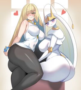 2girls anthro ass bedroom_eyes big_ass blonde_hair breasts bubble_ass bubble_butt clothing creatures_(company) fat_ass female female_only game_freak gen_7_pokemon green_eyes hair_over_one_eye half-closed_eyes human large_ass licking licking_lips looking_at_viewer looking_back lusamine_(pokemon) milf mother nintendo pheromosa pokemon pokemon_(species) pokemon_sm thick_ass thick_thighs ultra_beast wide_hips ytrall