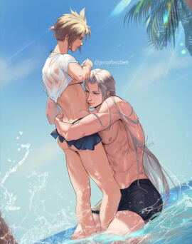 2boys ass beach bite_mark bite_mark_on_ass blonde_hair blue_eyes blush cloud_strife color crop_top crossdressing femboy final_fantasy final_fantasy_vii gay green_eyes hug jeriafterdark light-skinned_male light_skin long_hair male male/male microskirt muscular muscular_male sephiroth silver_hair size_difference skirt spiky_hair splashing square_enix tagme thighs thong twink wet_body wet_clothes yaoi