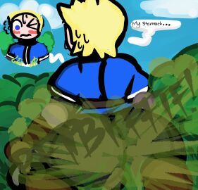 1boy ass blonde_hair blue_eyes blush fart fart_cloud fart_fetish farting farting_at_viewer gassy_male large_ass male male_fart male_only mii mii_swordfighter nature_background stomach_ache super_smash_bros. supersludge sweatdrop text text_bubble