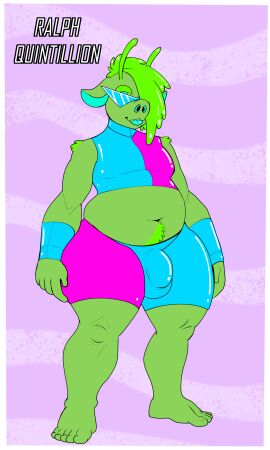 1boy 3:5 absurd_res alien alien_boy antennae_(anatomy) anthro belly body_hair bottomwear bulge chubby chubby_male clothing crop_top digital_media_(artwork) domestic_pig eyebrows fat fat_male femboy flyntdraws_(artist) genitals goo_creature goo_humanoid green_body happy_trail hi_res humanoid male male_only mammal midriff navel original original_character overweight overweight_male pig ralph_quintillion_(flyntdraws) royalty science_fiction shirt shorts simple_background slime smile solo suid suina sus_(pig) text thick_bottom_lip thick_eyebrows thick_thighs topwear tummy_flashing wide_hips