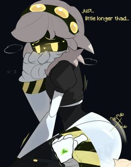 1boy 1girls blush disassembly_drone facesitting female glitch_productions lawgx male murder_drones robot robot_boy robot_girl shaking tagme thad_(murder_drones) thumbs_up trembling v_(murder_drones) vhad white_body worker_drone