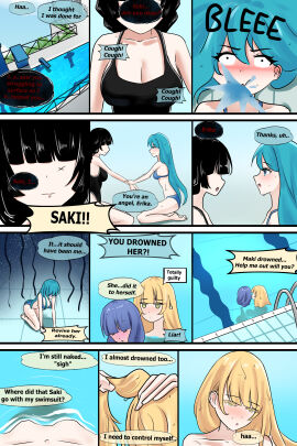 4girls big_breasts black_hair blonde_hair blue_eyes blue_hair breasts dark_hair drowned female green_eyes marima666_(artist) medium_breasts small_breasts water