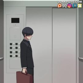 1boy animated artist_name ass black_hair black_jacket black_pants blue_necktie blush breasts cleavage closed_eyes collarbone dress elevator elevator_door female hair_over_eyes hairdressing huge_ass huge_breasts interior jacket junkpuyo long_hair long_sleeves necktie no_bra open_mouth original pants ponytail red_hair shirt size_difference smile sound suitcase tagme tall_female video white_shirt