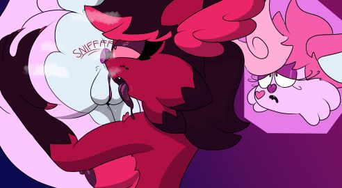 absurd_res anus black_body black_fur bodily_fluids butt_sniffing chibitay female fur hi_res incest_(lore) musk musk_clouds musky_butt pink_body pink_fur purple_anus red_body red_fur sibling_(lore) sister_(lore) sisters_(lore) sniffing sniffing_clothes spice_(chibitay) sugar_(chibitay) sweat