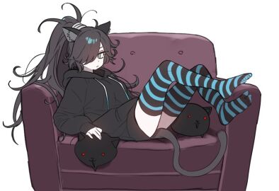1girls black_hair blue_eyes cat_tail couch dark ebora feet female hair high_socks hoodie kasli_the_bane killer_cat legwear light_skin long_hair long_sleeves no_pants pale_skin socks tail the_battle_cats thighhighs youngmanisdown