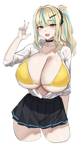 1girls 2024 :d beauty_mark_on_breasts bikini_top black_hair_tie black_scrunchie blonde blonde_hair blue_hair blue_nail_polish blue_nails bra breasts breasts_out breasts_out_of_clothes choker cleavage female gigantic_breasts gyaru hairclip heart_choker hotate-chan kogal long_fingernails long_nails mole mole_on_breast nail_polish one_side_up open_mouth orange_eyes original original_character painted_nails peace_sign pleated_skirt ponytail school_uniform scrunchie side_ponytail skirt smile solo streaked_hair v white_background yellow_bikini yellow_bra yellow_hair