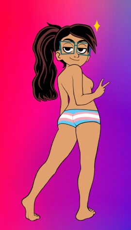 1girls alternate_hairstyle ass bare_legs beauteouscalithea bisexual_pride_colors bottomless breasts cecilia_(moon_girl_and_devil_dinosaur) dark_hair disney eyes_half_open feet female glasses light-skinned_female light_skin looking_back looking_over_shoulder marvel marvel_comics moon_girl_and_devil_dinosaur mostly_nude pale-skinned_female pale_skin panties peace_sign ponytail seductive self_upload shirtless simple_background small_breasts smile smiling smug solo solo_female thighs trans_woman transfem transgender_pride_colors