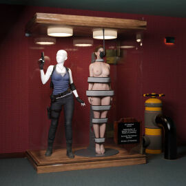1girls 3d arms_at_sides asleep barefoot black_boots black_jeans blue_shirt blue_tank_top boots bound bound_arms bound_legs bound_neck breasts brown_hair brunette captured captured_heroine chloroform clothes_removed combat_boots completely_nude defeated defeated_heroine display display_case english_text eyes_closed eyeshadow feet female forniphilia gas_mask gun handgun helpless helpless_female holster human_furniture human_trophy immobile indoors jeans jill_valentine legs_together living_statue living_trophy mannequin midriff name_tag necklace nipples nude nude_female oldmanjaay overhead_light permanent_bondage plaque pussy pussy_obscured red_wall resident_evil sign solo_female stasis_chamber stationary_restraints stripped stripped_naked suspension suspension_bondage tank_top text toned toned_female toned_stomach trophy_case unconscious