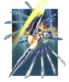 arm_blade ass_visible_through_thighs blazblue blonde_hair blue_eyes breasts c-string crotch_plate female female_only floating floating_object floating_sword floating_weapon full_body headgear high_kick highres kicking leg_up long_hair maebari mecha_musume mechanical_legs medium_breasts mu-12 navel nipples noel_vermillion original revealing_clothes solo strapless_bottom sword takada_kazuhiro weapon