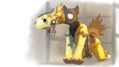 16:9 2022 ambiguous_gender anthro avian beak biped bird black_body black_feathers chocobo_costume clothed clothing cock_gag costume digital_media_(artwork) feathers final_fantasy final_fantasy_xiv gag gagged hi_res male mask penis saddle sexotheque simple_background solo square_enix stable submissive_male widescreen