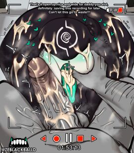 absurd_res after_sex balls biped black_body bodily_fluids cum cum_in_mouth cum_inside detailed_background dialogue duo eyeless front_view genital_fluids genitals glistening glistening_body hi_res humanoid inside male multicolored_body not_furry penis recording text the_gatherer_(ze_blackball.d) thick_thighs tongue tongue_out white_body ze_blackball.d